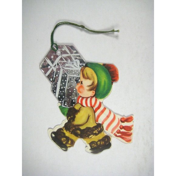 Christmas Card 1950 Used Greeting MOD Boy Walking Carrying Gifts Foil - Picture 1 of 6